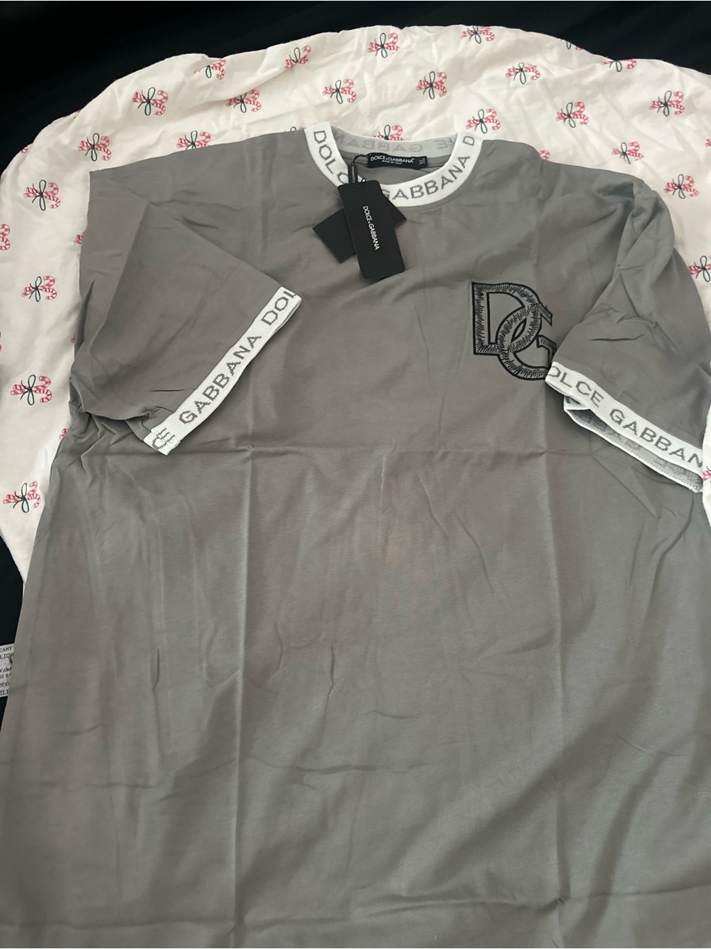 Dolce & Gabbana Gray Short Sleeve Logo Trim Cotton Tee